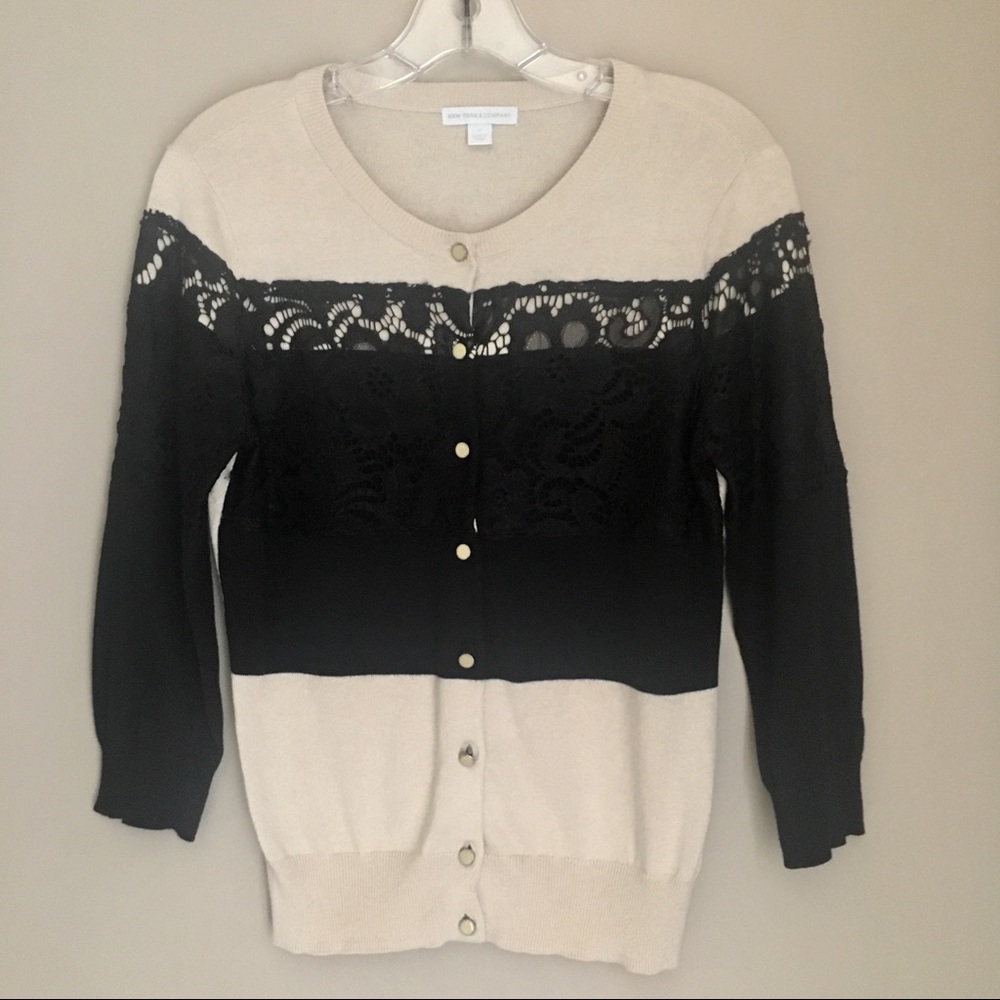 Tan and Black Lace 3/4 Sleeves Cardigan Small EUC